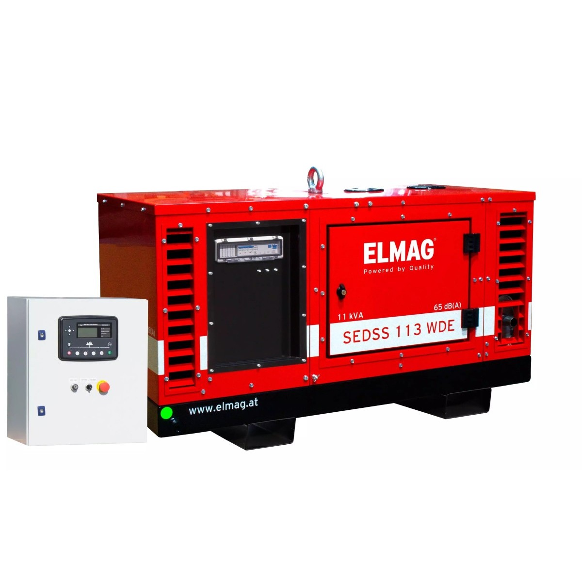 Roter ELMAG-Notstromgenerator SEDSS 113 WDE mit Schaltschrank für Steuerung und Überwachung.