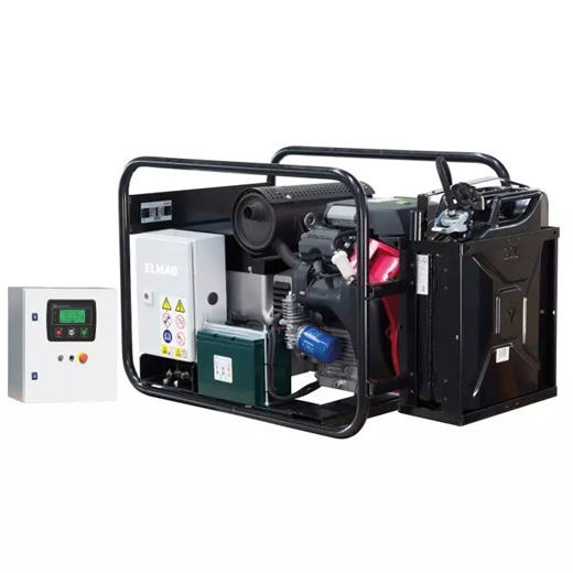 Benzinbetriebener Stromgenerator mit Metallrahmen und angeschlossener Steuerungseinheit mit Display und Bedientasten.