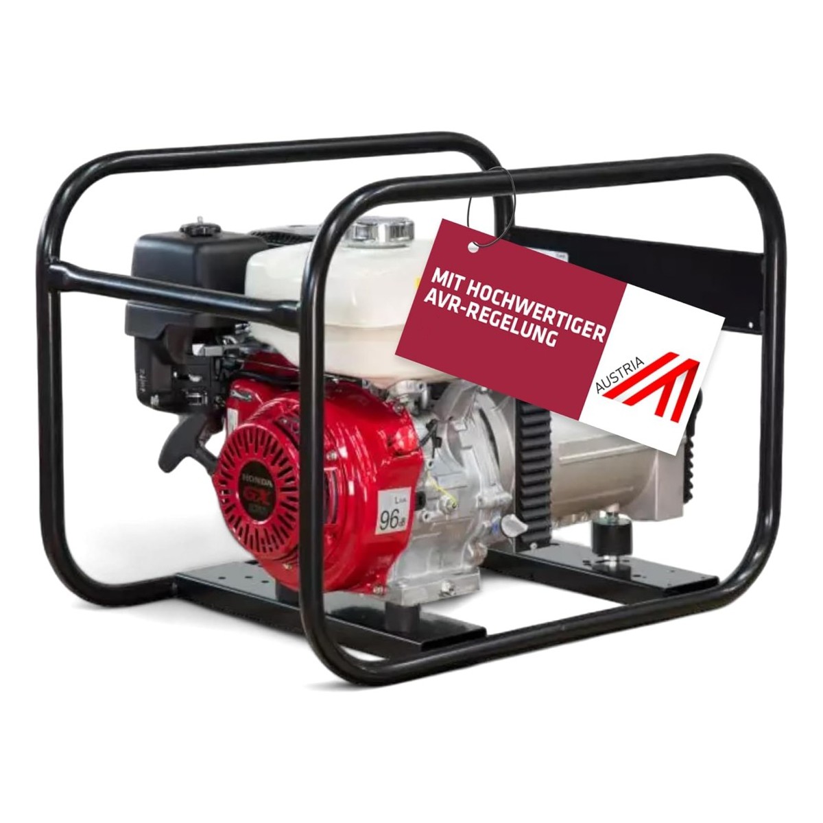Benzin-Stromerzeuger im schwarzen Rohrrahmen mit weißem Tank und rotem Motor; seitlich Generator, angehängtes Schild „mit hochwertiger AVR-Regelung“.