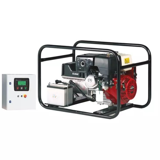 Benzinbetriebener Stromgenerator mit Metallrahmen und angeschlossener Steuerungseinheit mit Display und Bedientasten.