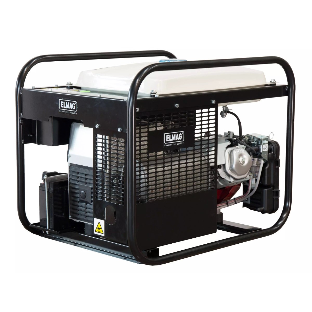 Stromerzeuger SEBS 7500WD (Symbolfoto) Rückansicht des Stromerzeugers mit großem Schutzgitter, weißem Tank oben und Motor rechts, freigestellt.