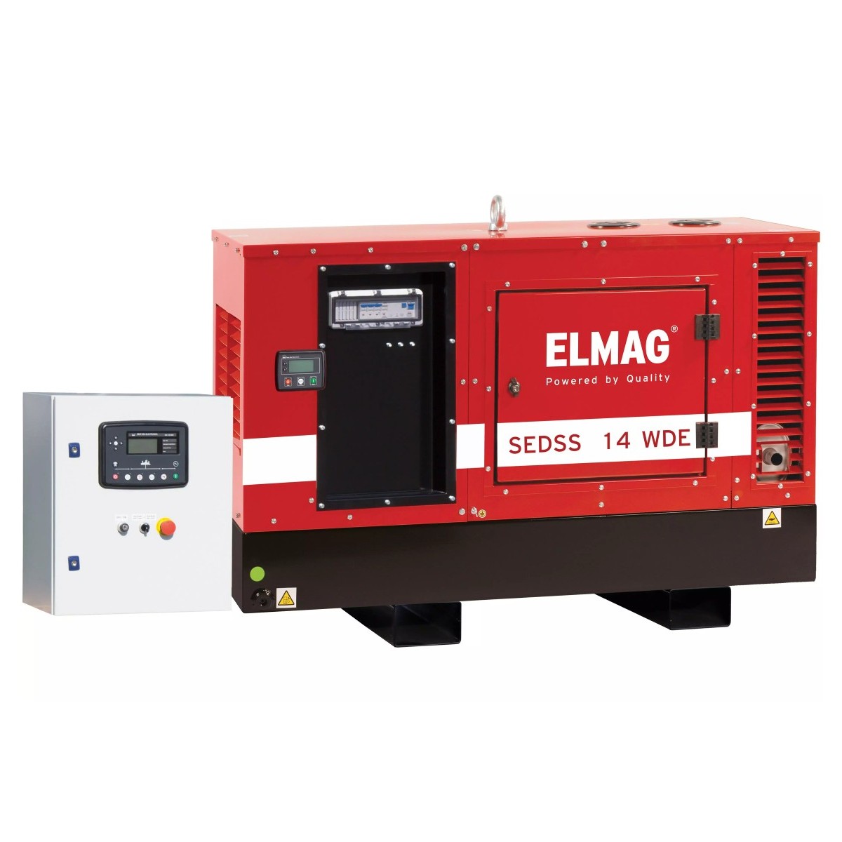 Roter ELMAG-Dieselgenerator SEDSS 14 WDE mit Steuerkasten links, schwarzer Sockel und Bedienfeld an der Front.