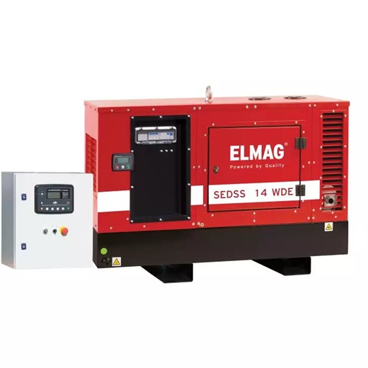 Roter ELMAG-Dieselgenerator SEDSS 14 WDE mit Steuerkasten links, schwarzer Sockel und Bedienfeld an der Front.