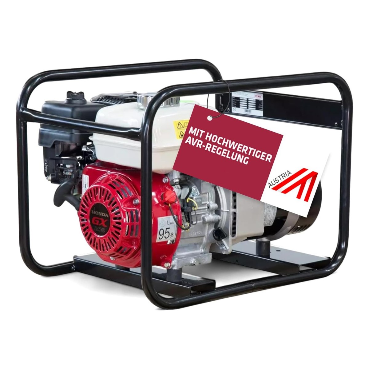 Benzin-Stromerzeuger im schwarzen Rohrrahmen mit weißem Tank und rotem Motor; seitlich Generator, angehängtes Schild „mit hochwertiger AVR-Regelung“.