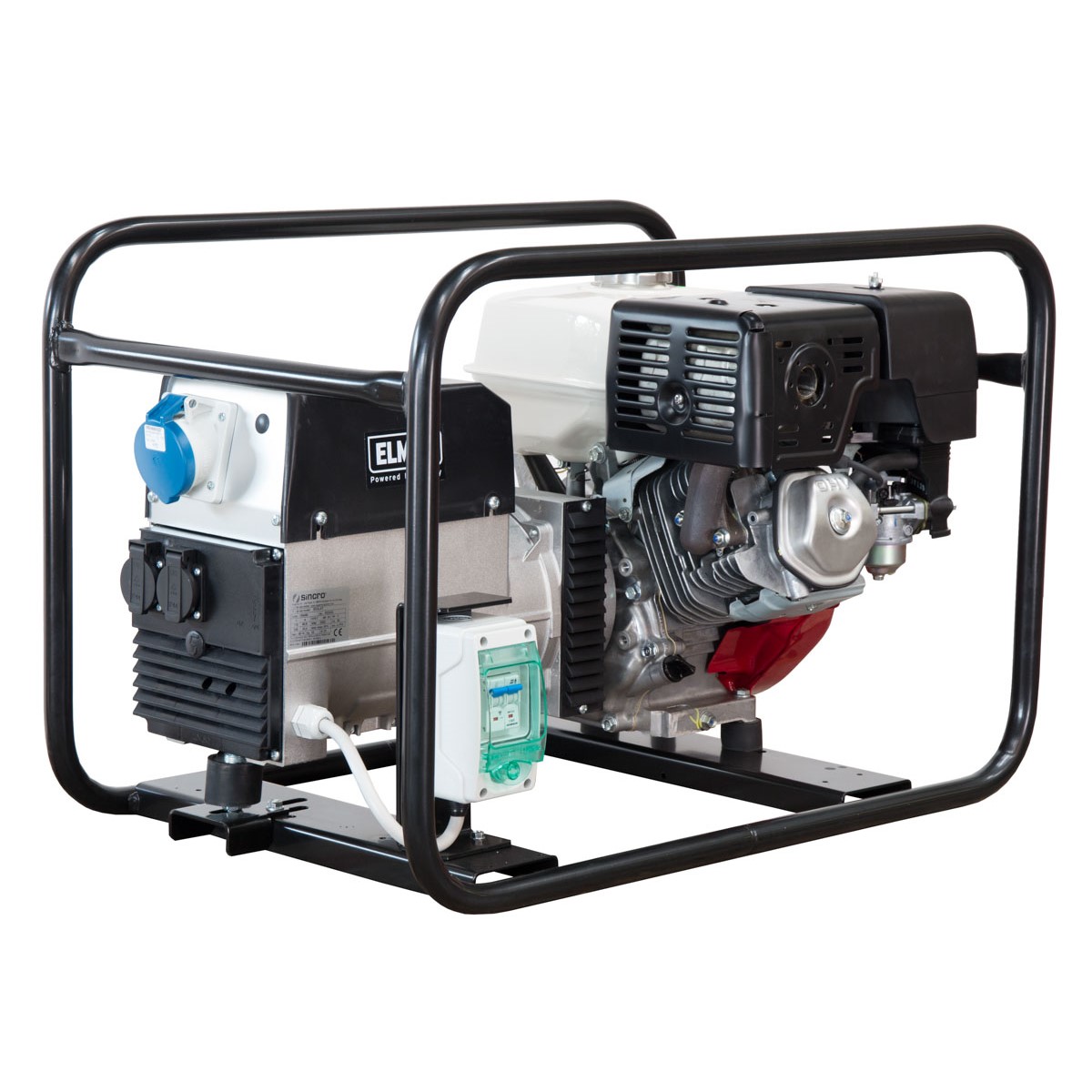 Benzin-Stromerzeuger im schwarzen Rohrrahmen mit weißem Tank; links Steckdosenfeld und Sicherungskasten, rechts Motor mit Abdeckung, freigestellt.