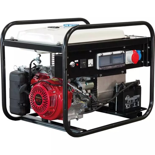 Tragbarer Stromgenerator mit Honda-Motor in Schutzrahmen, mit Tank oben, roten und blauen Steckdosen, Batterie unten.