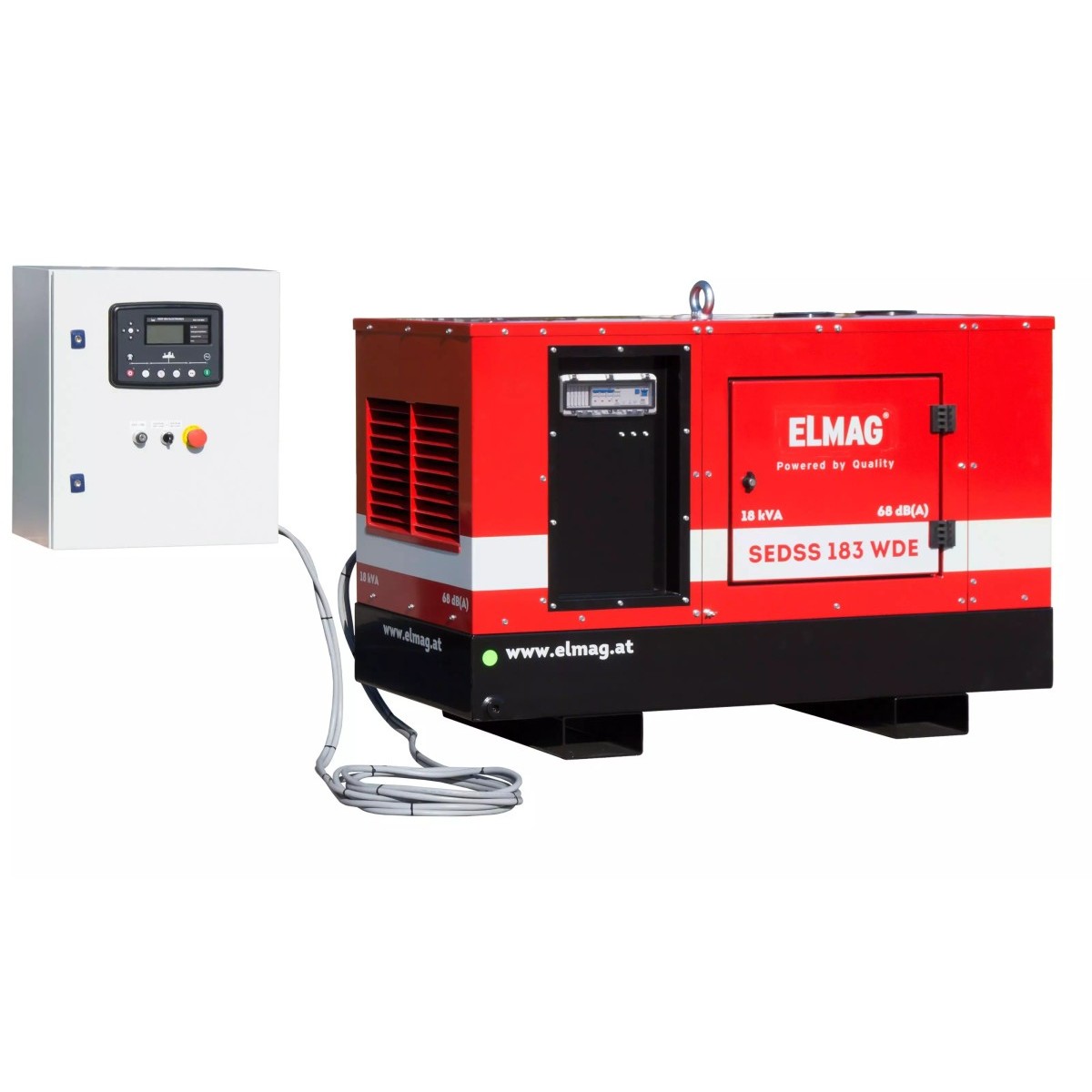 Roter ELMAG-Notstromgenerator SEDSS 183 WDE mit weißem Schaltschrank und Anschlusskabel zur automatischen Steuerung.