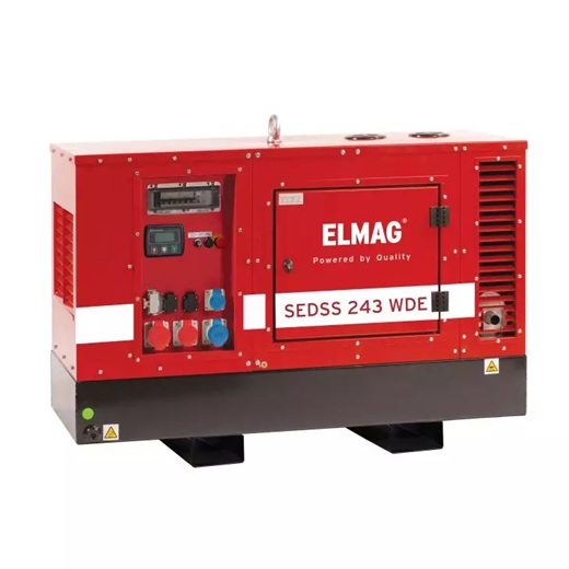 Roter ELMAG-Dieselgenerator SEDSS 243 WDE mit Anschlussfeld, Steckdosen und Lüftungsgittern auf schwarzem Sockel.