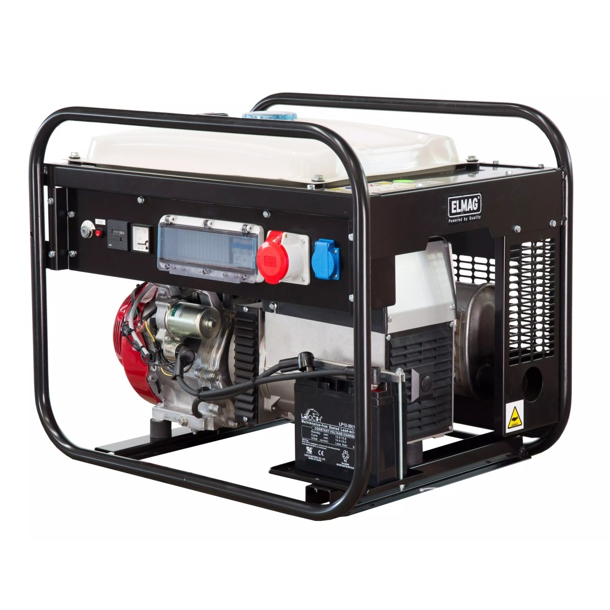 Stromerzeuger SEBS 7500WD (Symbolfoto) Seitenansicht: Rohrrahmen-Generator mit weißem Tank, rotem Motor, Bedienfeld und Batterie; Steckdosen rot/blau, freigestellt.