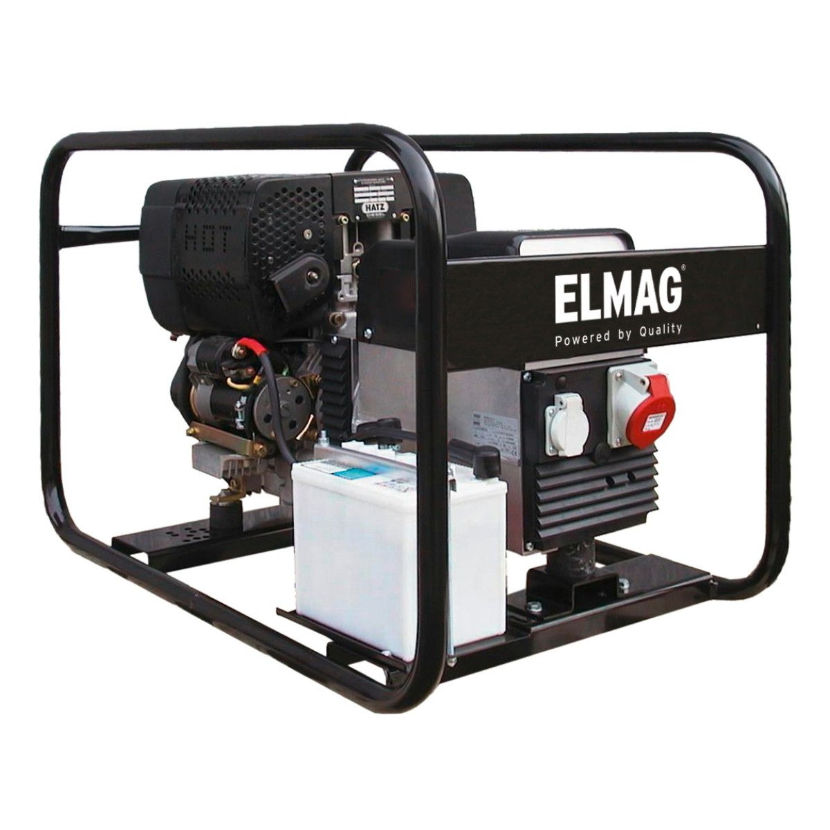 Diesel-Stromerzeuger im schwarzen Rohrrahmen; vorne Batterie, seitlich Steckdosenfeld mit roter und weißer Buchse, Motor und Generator sichtbar, freigestellt.