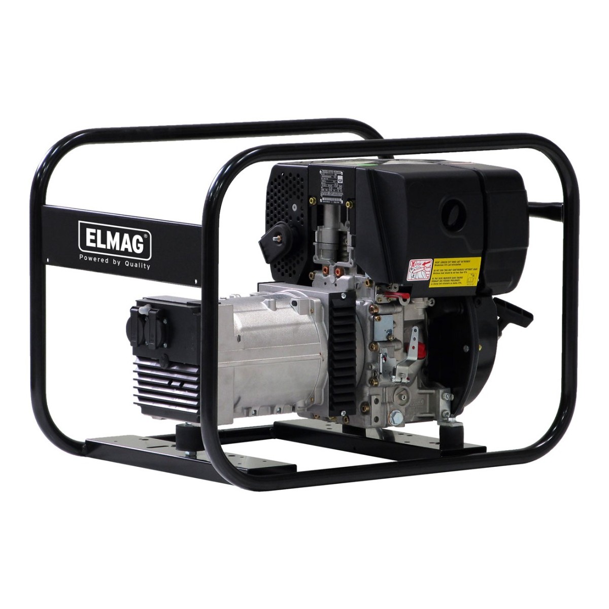 Stromerzeuger im schwarzen Rohrrahmen; links Generatorgehäuse mit Abdeckung, rechts Motorblock mit schwarzem Tank und Lüftergehäuse, freigestellt.