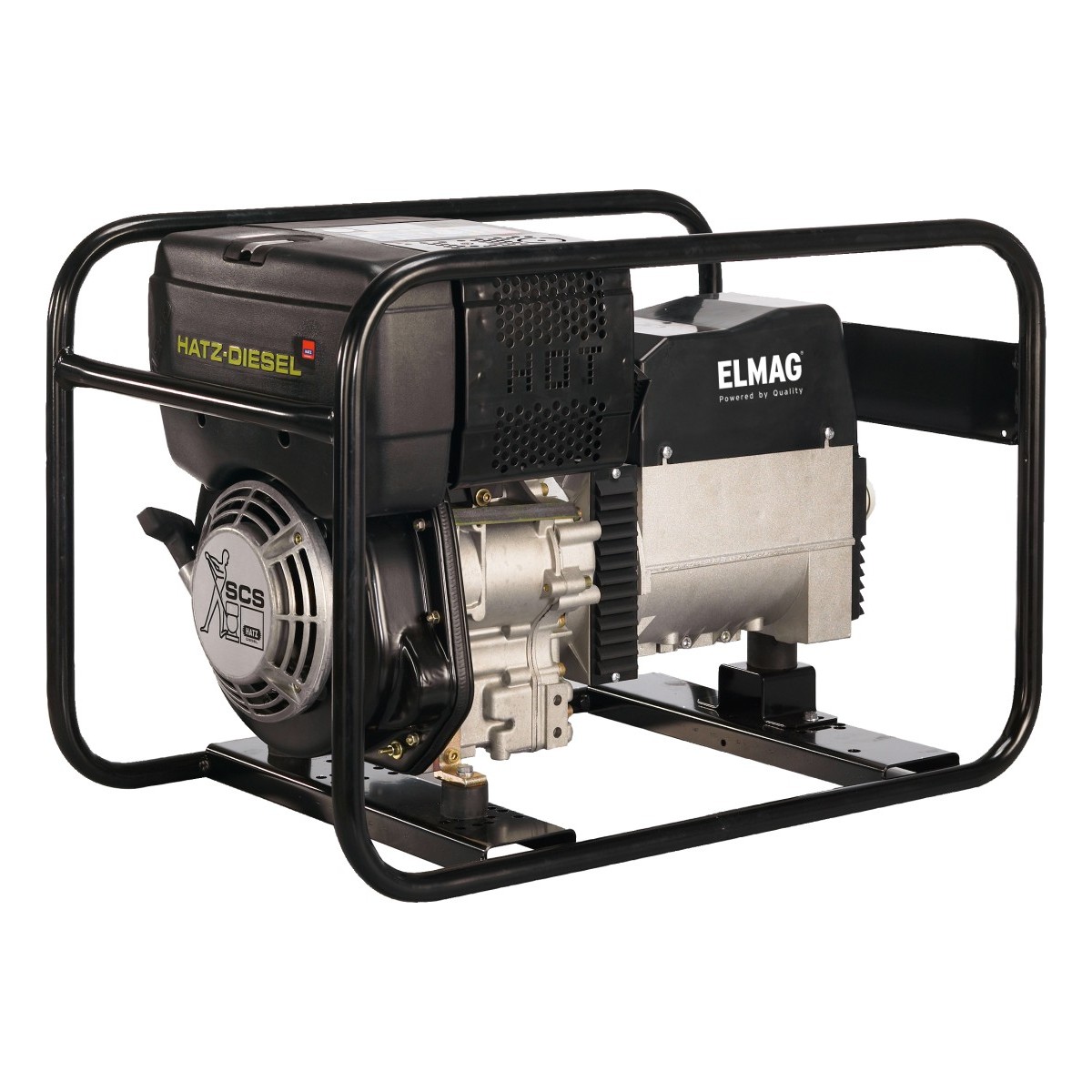 Diesel-Stromerzeuger im schwarzen Rohrrahmen; links Motor mit Aufschrift „Hatz-Diesel“, rechts Generatorgehäuse, freigestellt vor weißem Hintergrund.
