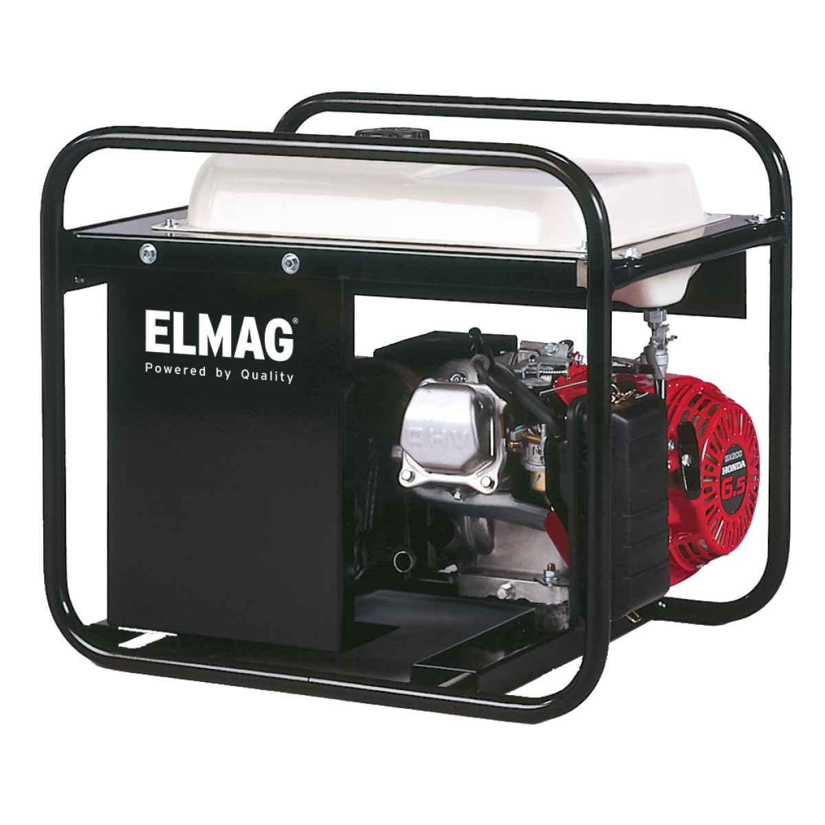 Tragbarer Stromerzeuger mit Benzinmotor, Kraftstofftank und Generator in einem schwarzen Rohrrahmen.