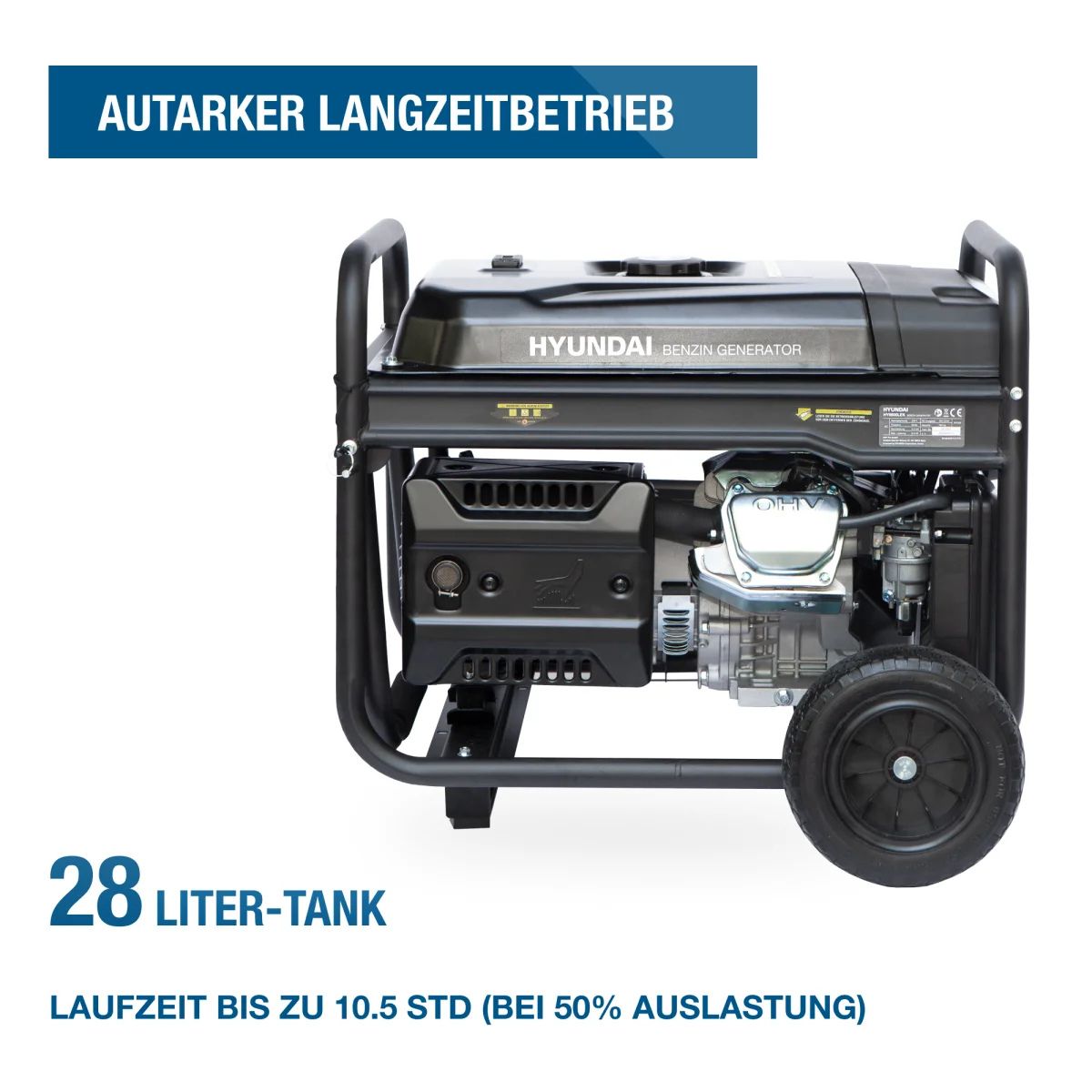 Hyundai Benzin-Generator HY8500LEK Hyundai HY8500LEK Generator von der Seite mit Motor, großem Tank und 28-Liter-Angabe auf weißem Hintergrund.