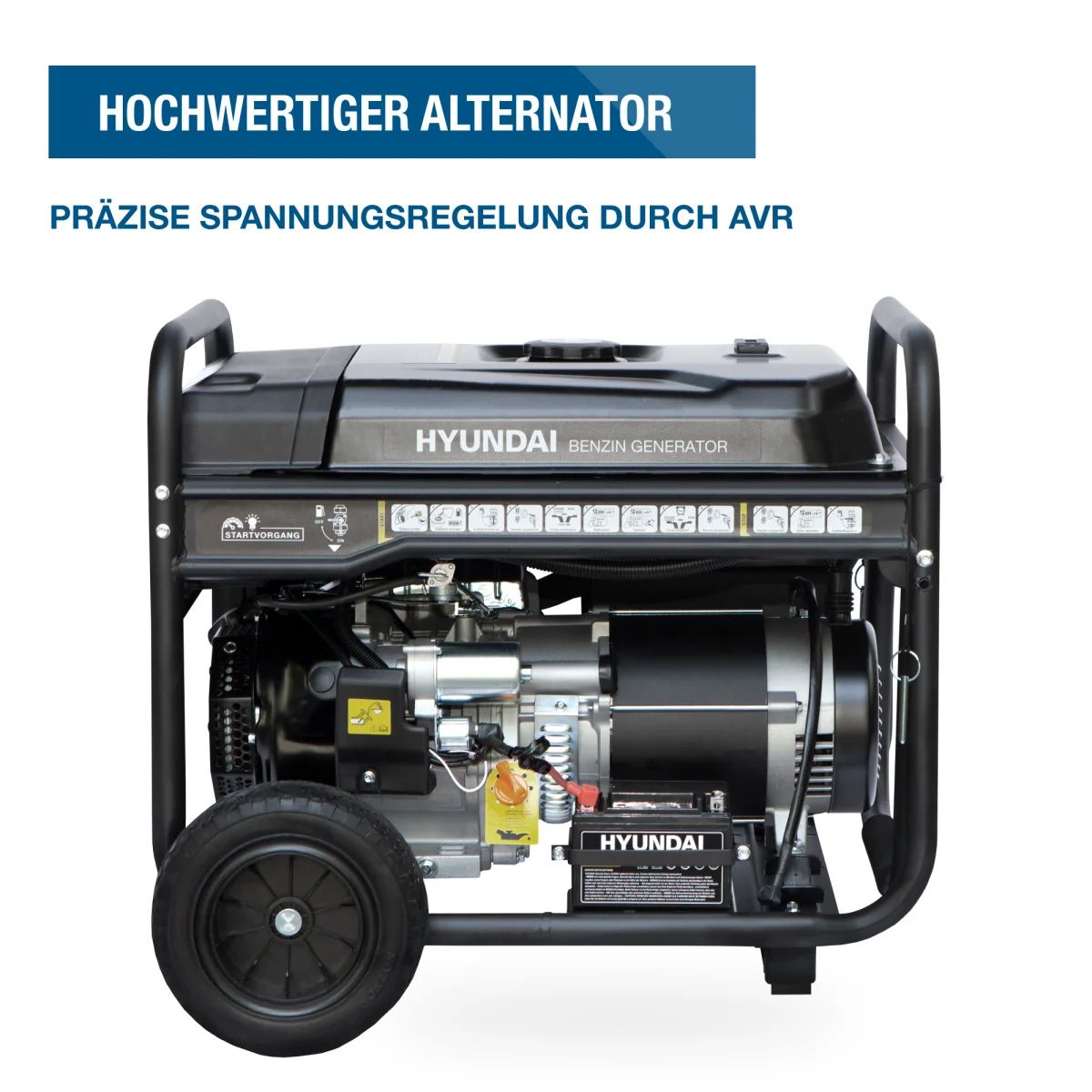 Hyundai Benzin-Generator HY8500LEK Seitenansicht des Hyundai HY8500LEK Generators mit sichtbarem Alternator und Motor im offenen Stahlrahmen.
