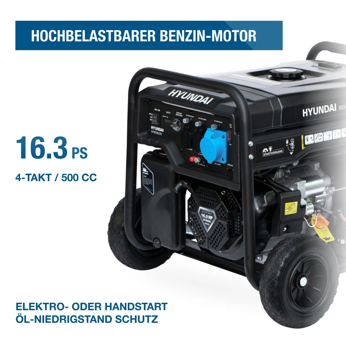 Hyundai Benzin-Generator HY8500LEK Nahaufnahme des Hyundai HY8500LEK Generators mit sichtbarem Motor, blauer Steckdose und Startschaltern.