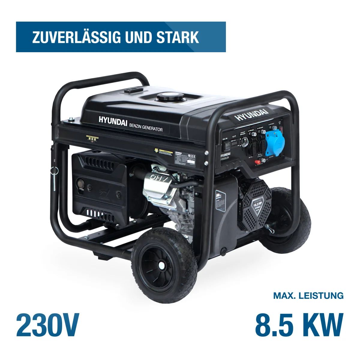Hyundai Benzin-Generator HY8500LEK Hyundai HY8500LEK Benzingenerator schräg seitlich mit Bedienfeld, Rädern und Leistungsangaben auf weißem Hintergrund.