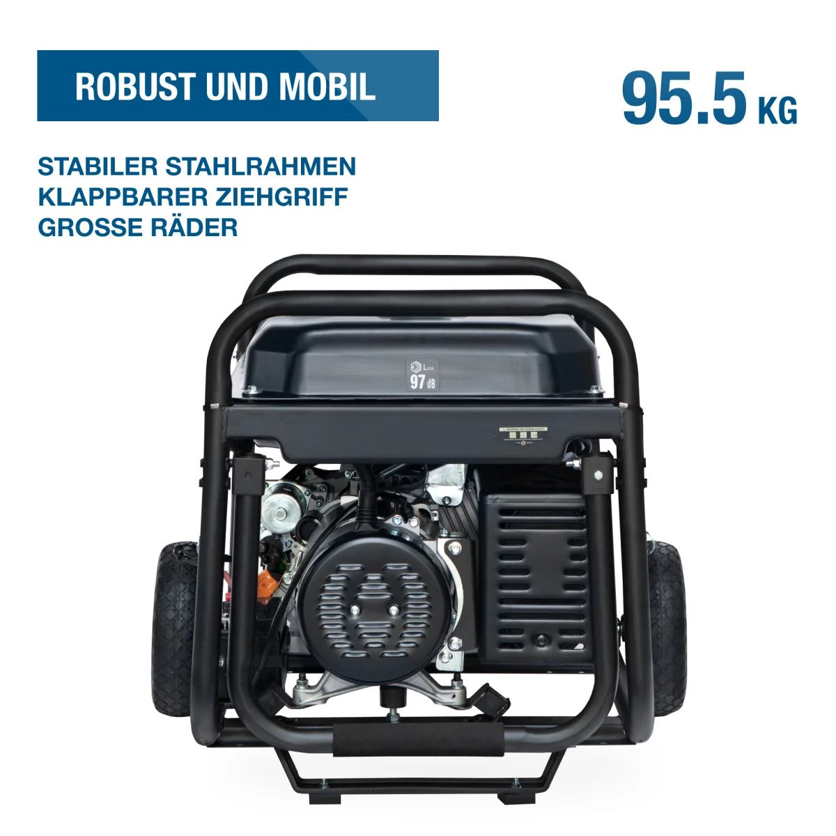 Hyundai Benzin-Generator HY8500LEK Frontansicht eines Hyundai HY8500LEK Generators mit Stahlrahmen, Motor und großen Rädern auf weißem Hintergrund