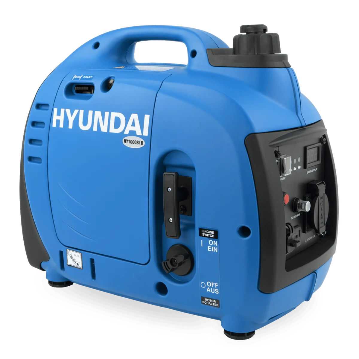 Schrägansicht des blauen Hyundai HY1000Si D mit Tragegriff, Tankdeckel, Motorschalter und Bedienfeld.