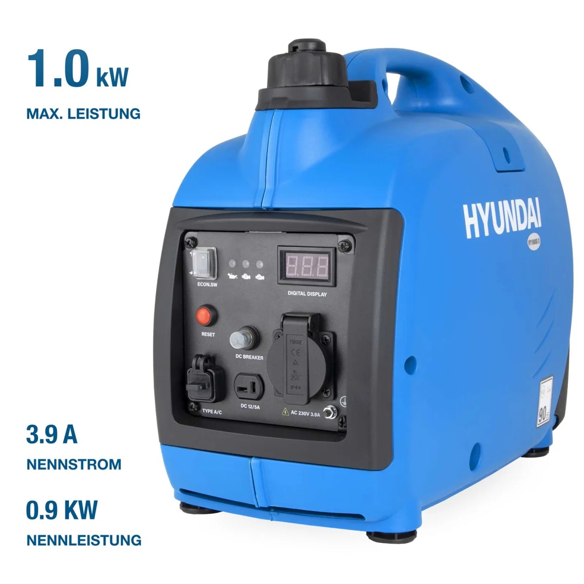 Hyundai Inverter-Generator mit Angaben zu 1,0 kW Maximalleistung, 0,9 kW Nennleistung und 3,9 A Nennstrom.