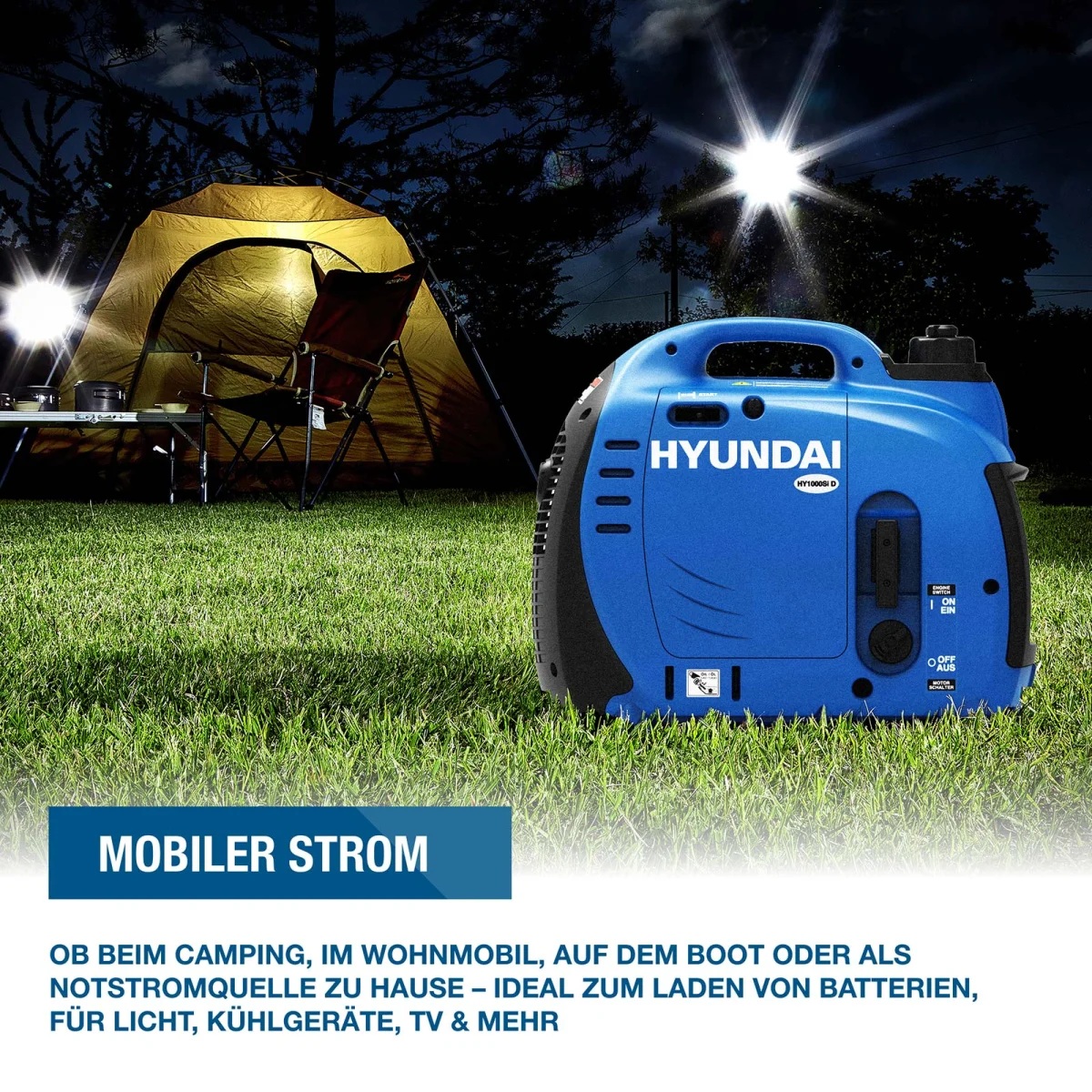 Hyundai Inverter-Generator neben beleuchtetem Campingzelt als Beispiel für mobile Stromversorgung beim Camping.