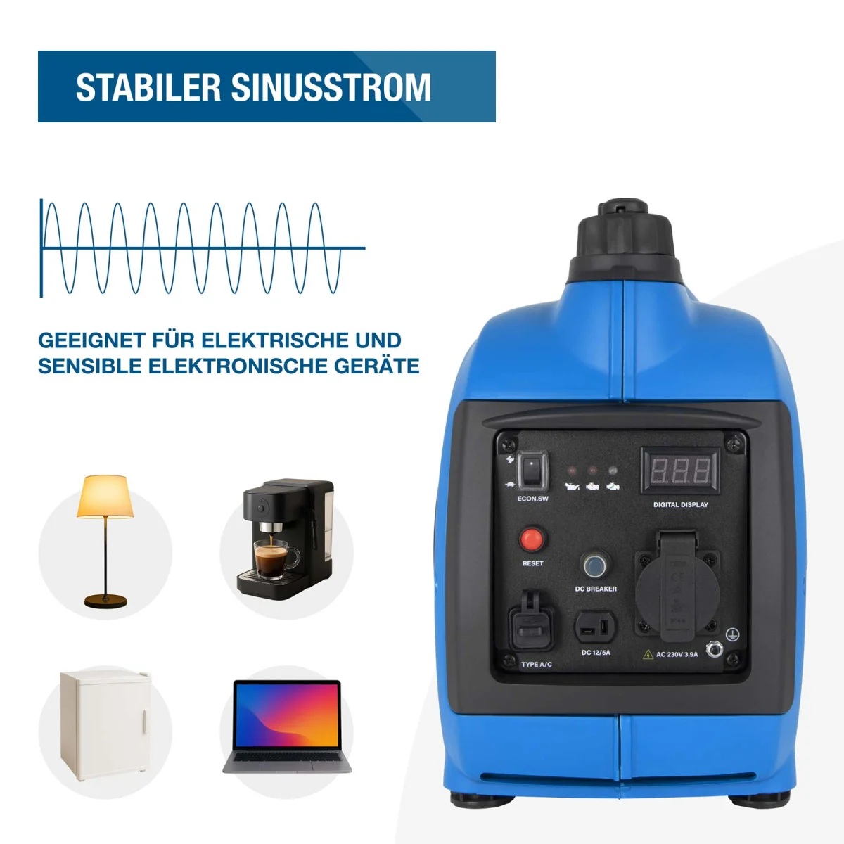 Generator mit Sinuskurve sowie Symbolen für Lampe, Kaffeemaschine, Kühlschrank und Laptop als mögliche Verbraucher.