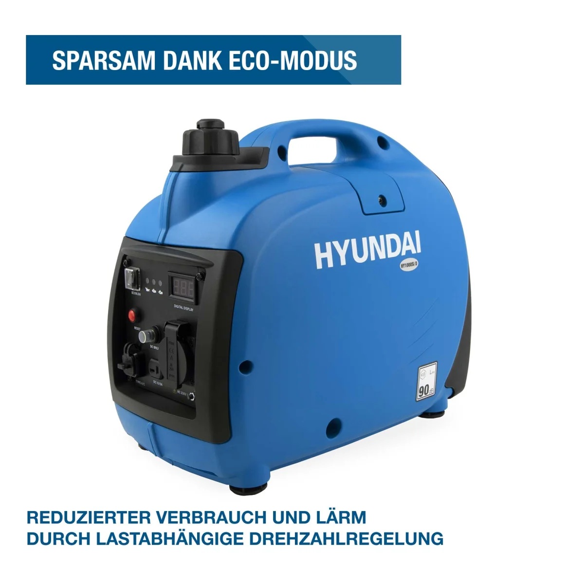 Hyundai Inverter-Generator mit Eco-Modus zur lastabhängigen Drehzahlregelung sowie Hinweis auf reduzierten Verbrauch und Lärm.