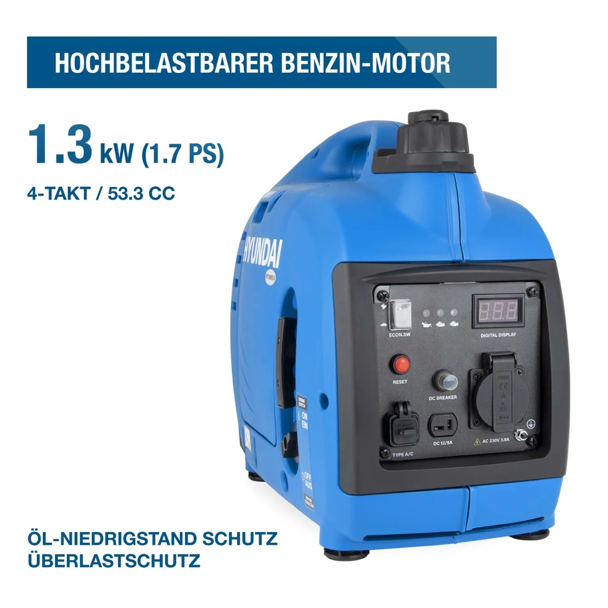 Hyundai Inverter-Generator mit 1,3-kW-Benzinmotor, 53,3 cm³ Hubraum, Öl-Niedrigstandschutz und Überlastschutz.