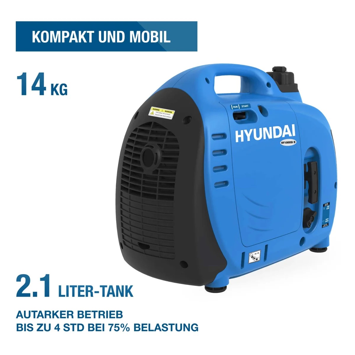 Hyundai Inverter-Generator mit Tragegriff; angegeben sind 14 kg Gewicht, 2,1-Liter-Tank und bis zu 4 Stunden Laufzeit bei 75 % Last.