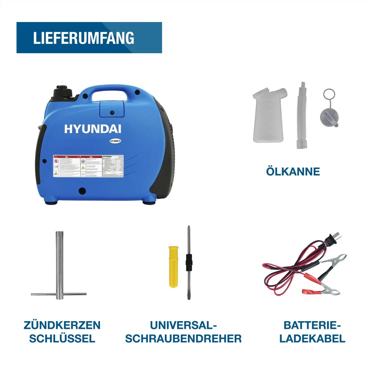 Lieferumfang mit Hyundai Inverter-Generator, Ölkanne, Zündkerzenschlüssel, Universalschraubendreher und Batterieladekabel.