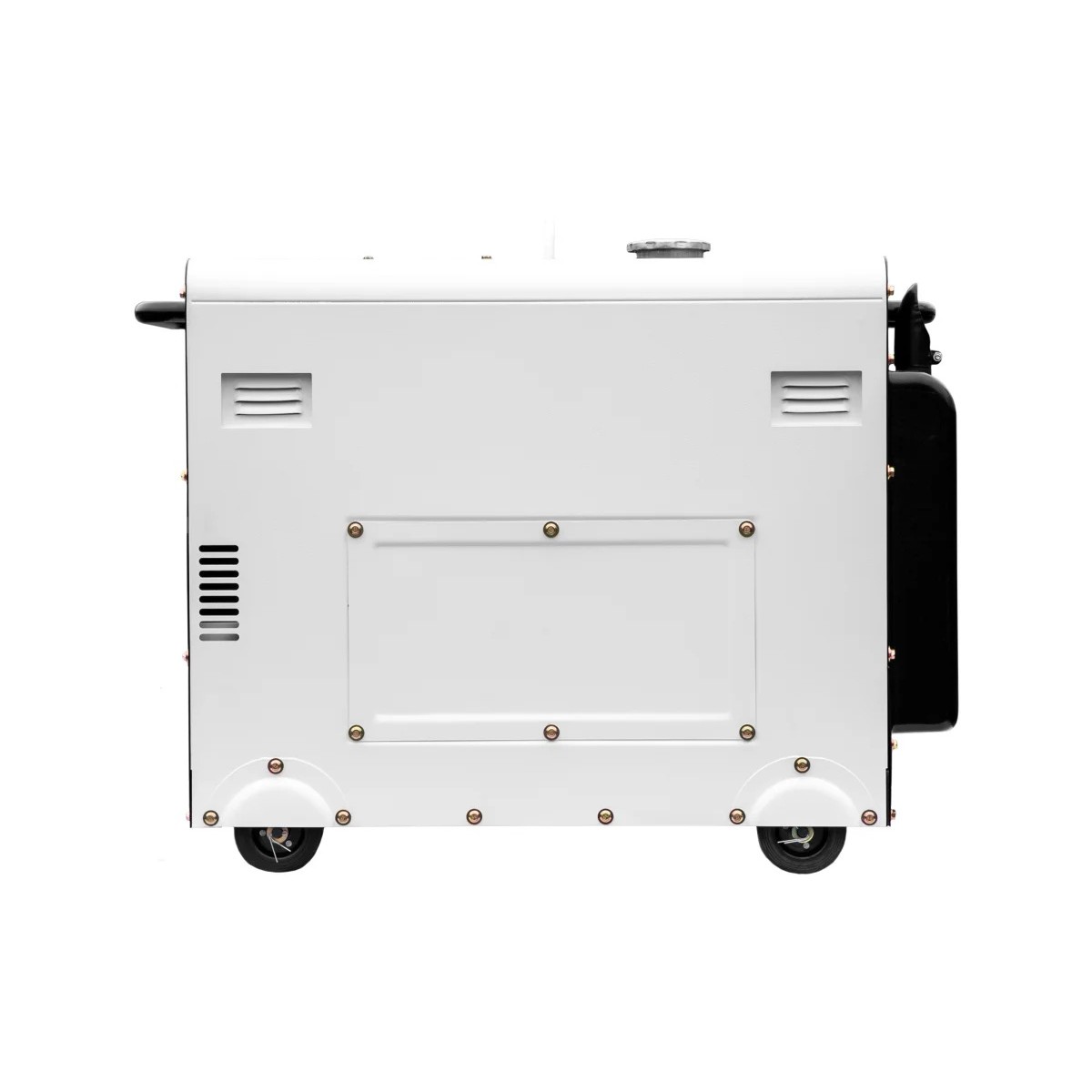 Seitenansicht des Hyundai Diesel-Generators mit geschlossener Gehäusewand, Lüftungsöffnungen und Transportrollen.