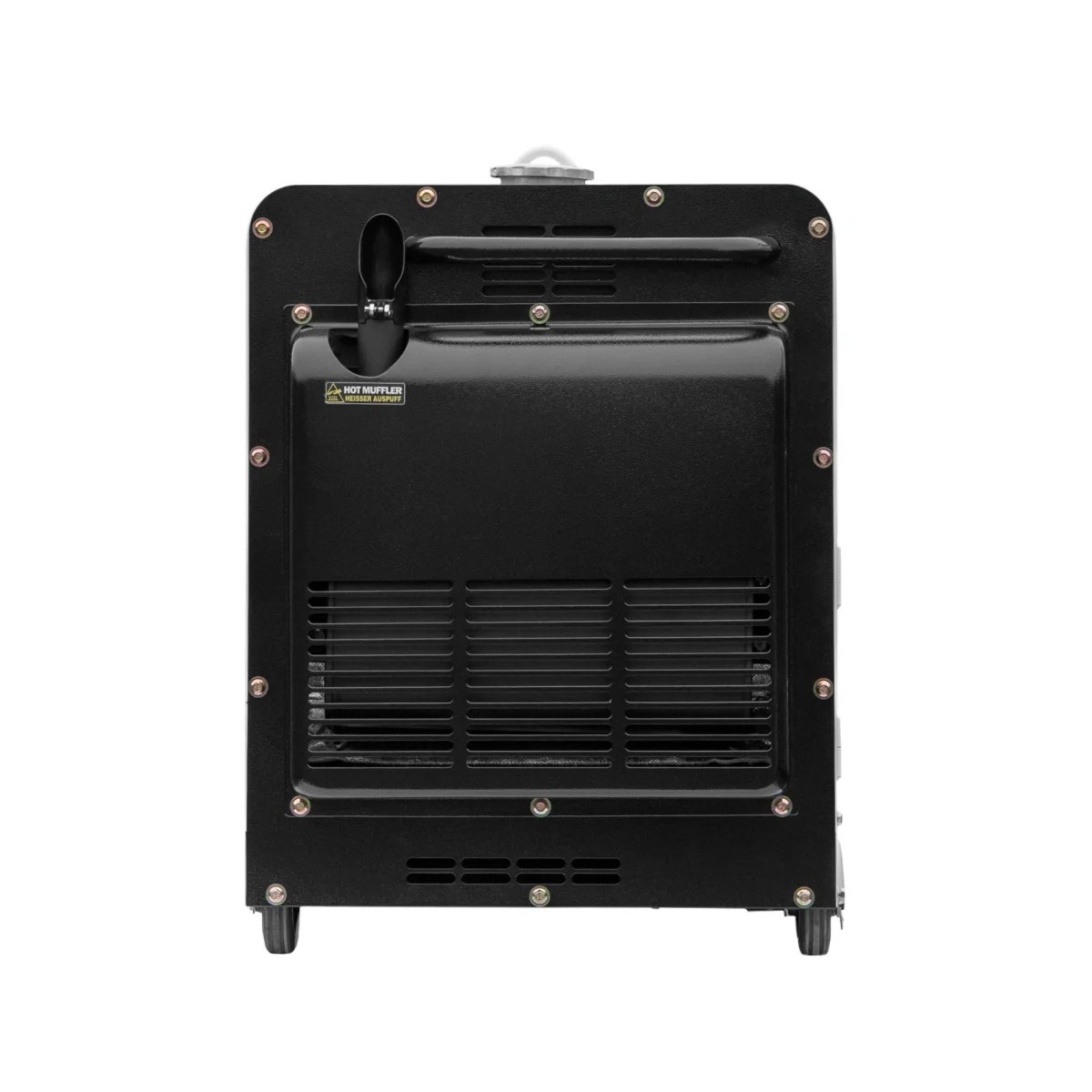 Rückansicht des Diesel-Generators mit schwarzer Auspuffabdeckung, Lüftungsöffnungen und Transportrollen.