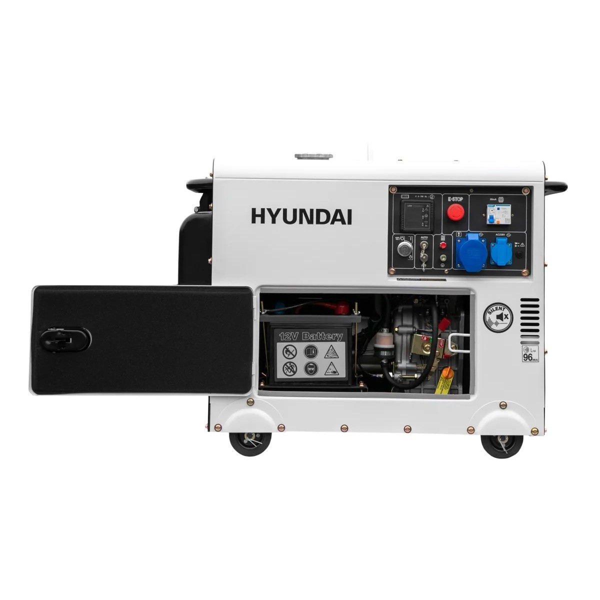Hyundai Diesel-Generator mit geöffneter Wartungsklappe; sichtbar sind 12-V-Batterie, Motorbauteile und Bedienfeld.