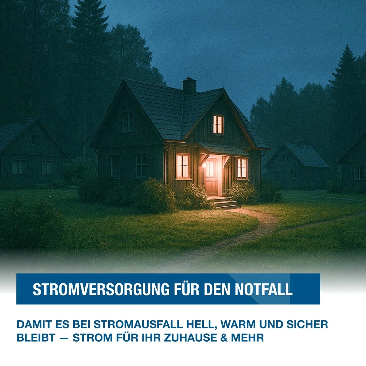 Beleuchtetes Wohnhaus bei Dunkelheit als Darstellung einer Notstromversorgung bei Stromausfall.