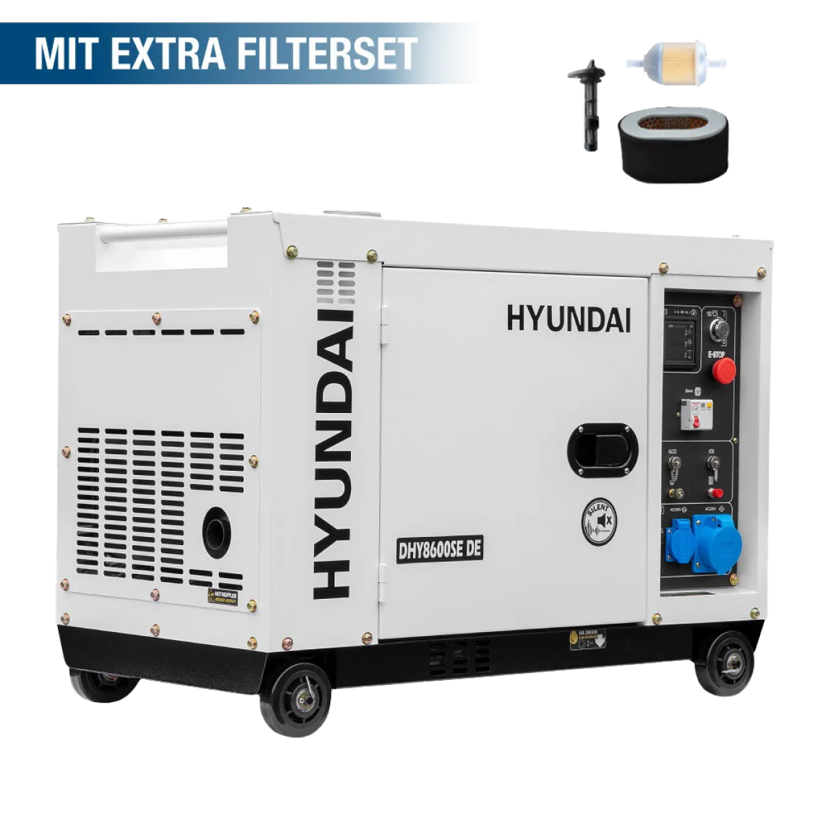 Hyundai Diesel-Stromerzeuger DHY8600SE DE mit Rollen, Bedienfeld sowie zusätzlichem Luft-, Kraftstoff- und Ölfilterset.