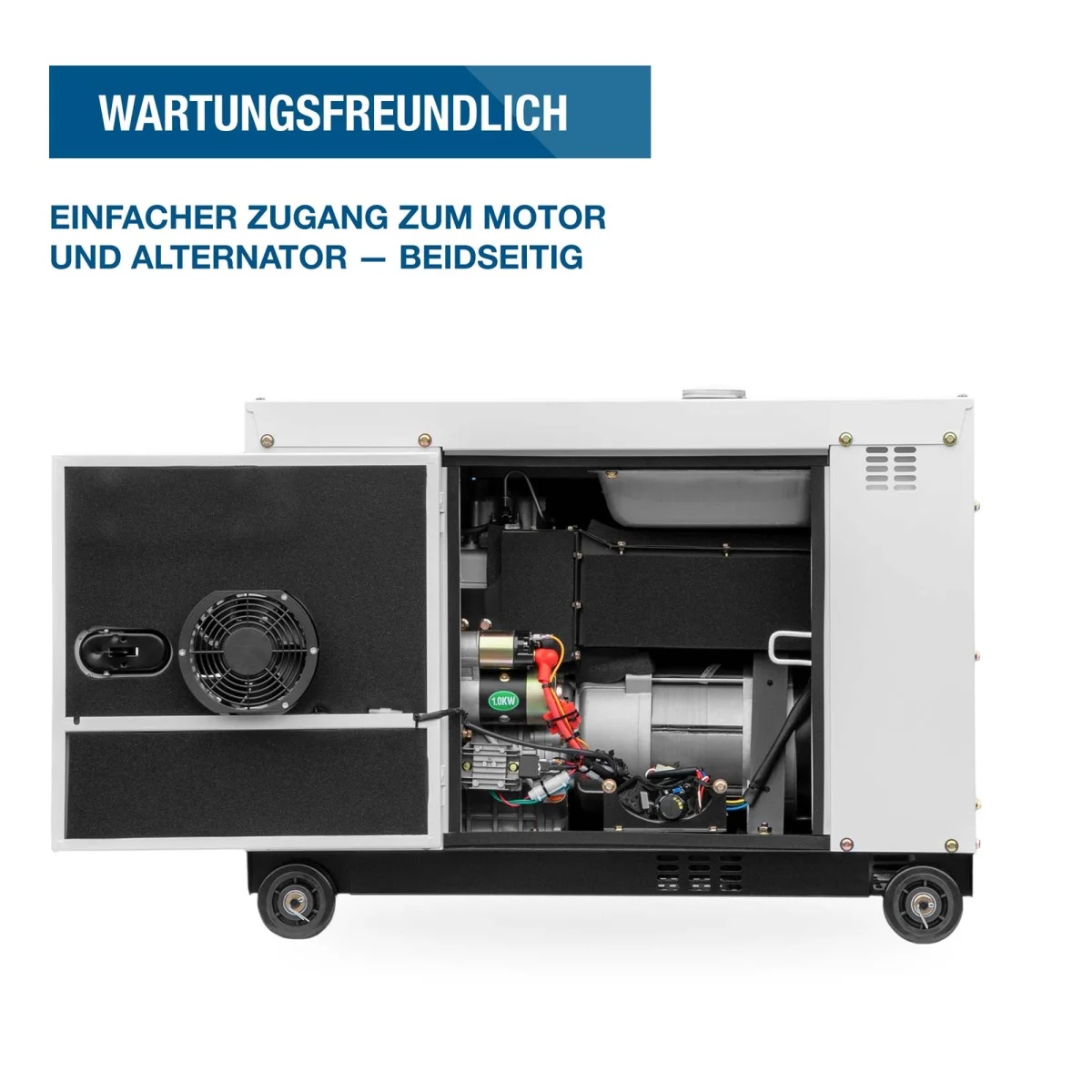 Geöffnete Seitenklappe des Stromerzeugers mit sichtbarem Motor und Alternator für den Wartungszugang.