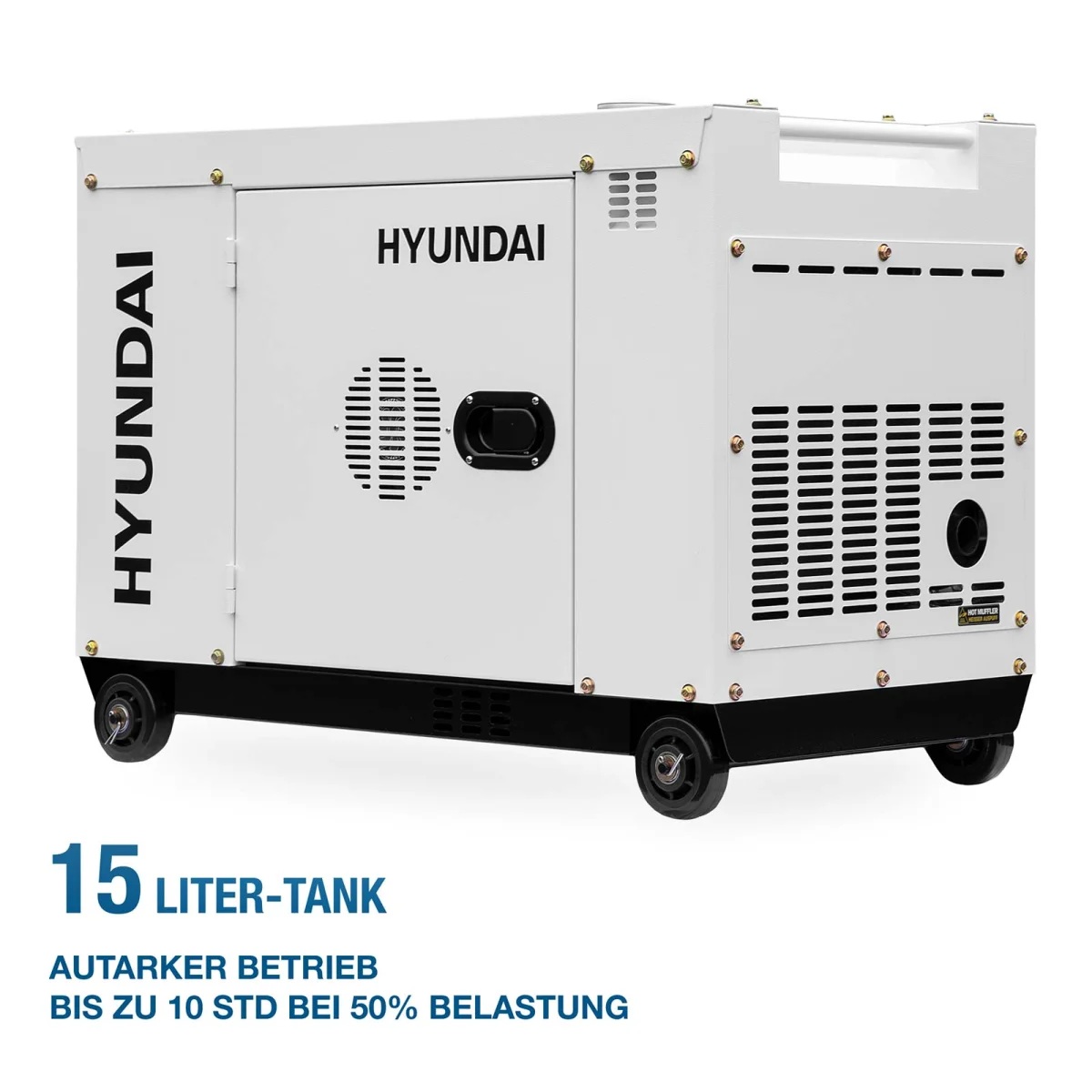 Rückansicht des Hyundai Diesel-Stromerzeugers mit Lüftungsöffnungen; angegeben sind 15-Liter-Tank und bis zu 10 Stunden Laufzeit.