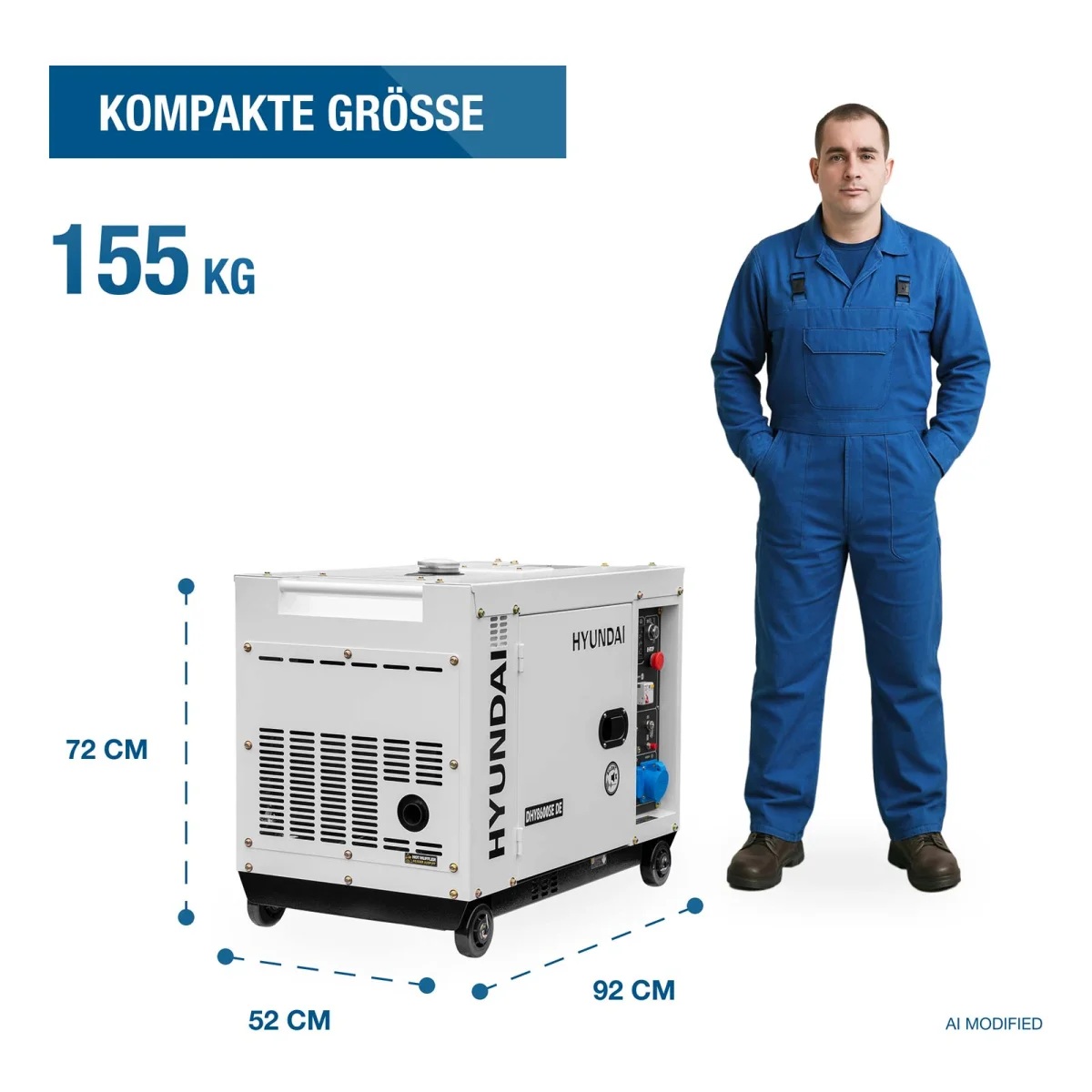 Hyundai Diesel-Stromerzeuger neben einer Person; angegeben sind 155 kg Gewicht und Maße von 92 × 52 × 72 cm.