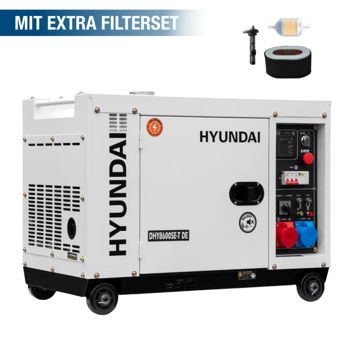 Hyundai Diesel-Stromerzeuger DHY8600SE-T D mit Rollen, Bedienfeld sowie zusätzlichem Luft-, Kraftstoff- und Ölfilterset.