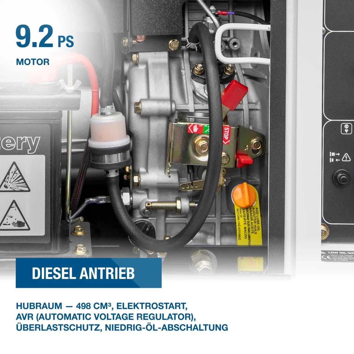 Nahansicht des Dieselmotors mit 9,2 PS, 498 cm³ Hubraum, Elektrostart, AVR, Überlastschutz und Niedrigölabschaltung.