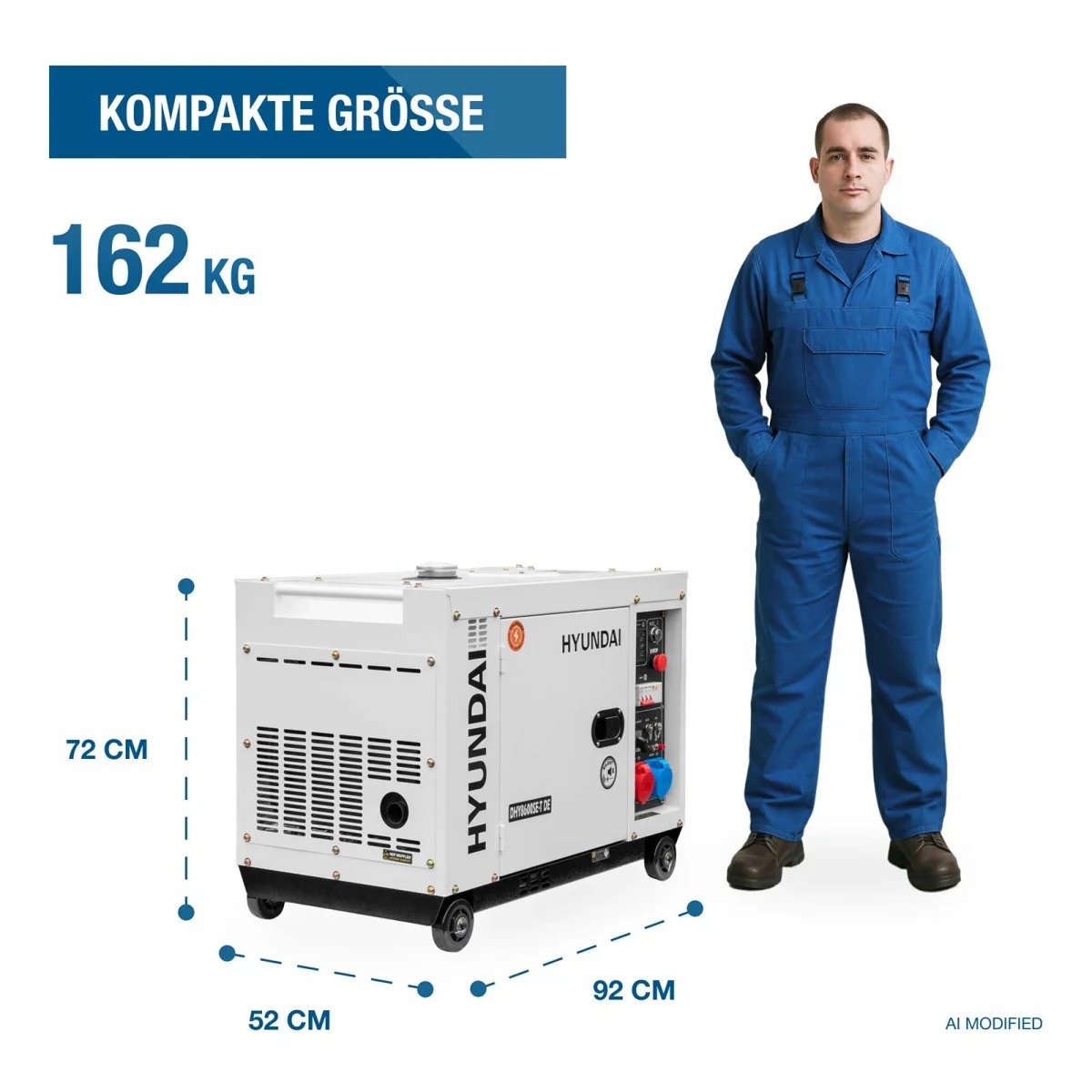 Hyundai Diesel-Stromerzeuger neben einer Person; angegeben sind 162 kg Gewicht und Maße von 92 × 52 × 72 cm.