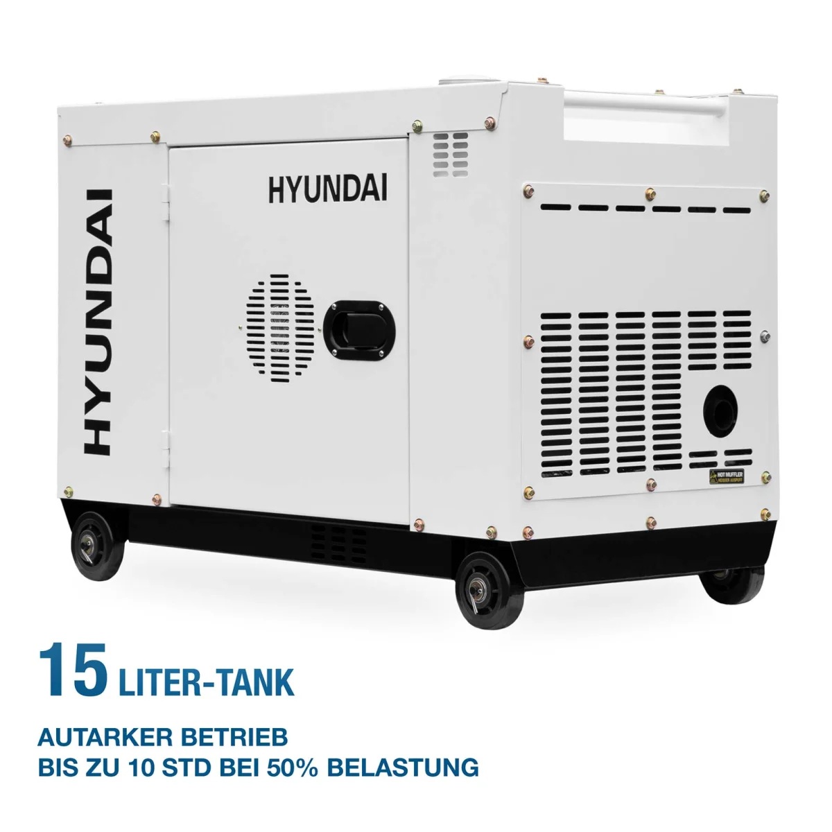 Rückansicht des Hyundai Diesel-Stromerzeugers mit Lüftungsöffnungen; angegeben sind 15-Liter-Tank und bis zu 10 Stunden Laufzeit.