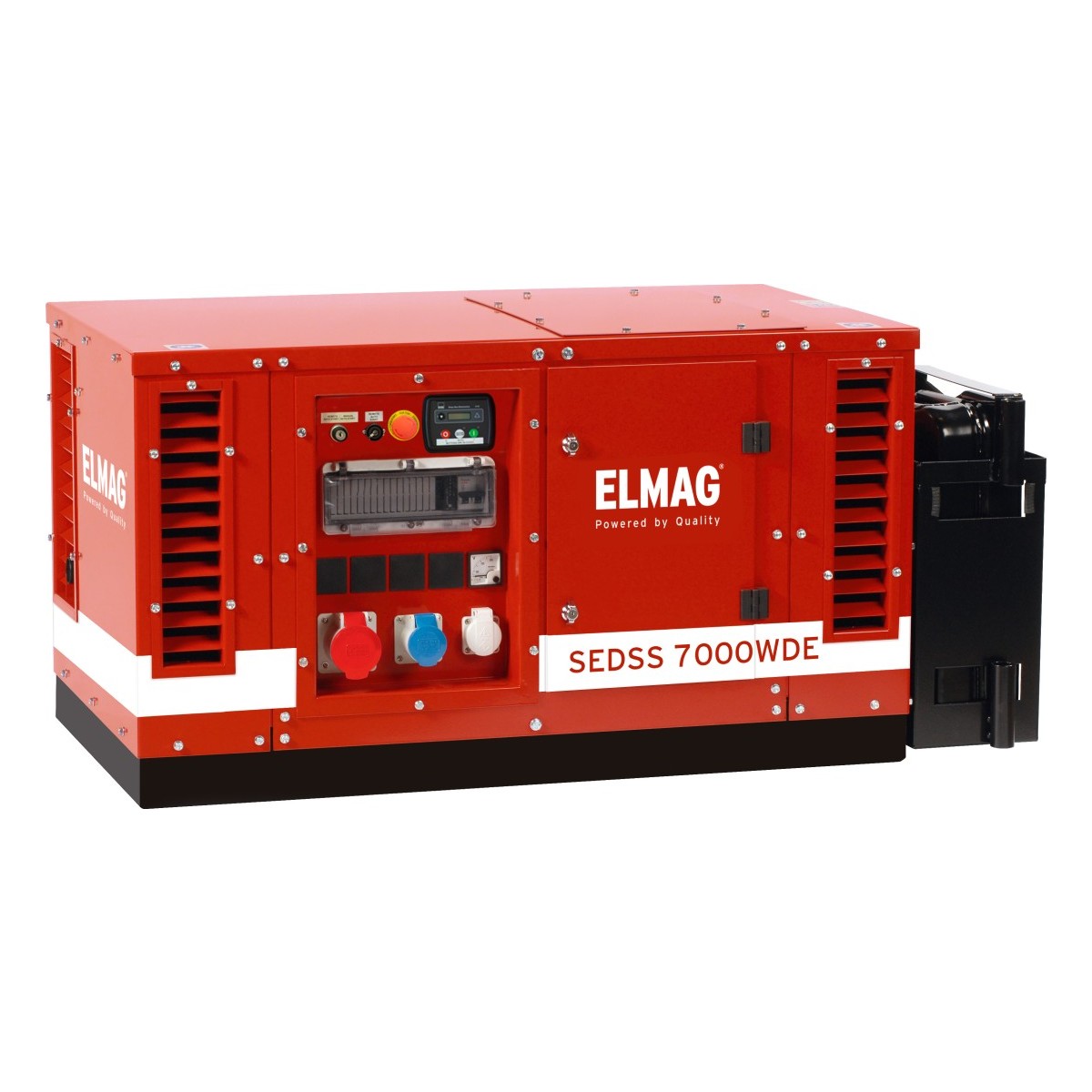 Roter Stromerzeuger im geschlossenen Gehäuse mit Lüftungsschlitzen; frontseitiges Bedienfeld mit Steckdosen, Anzeige und Not-Aus, rechts schwarzer Anbauteil.