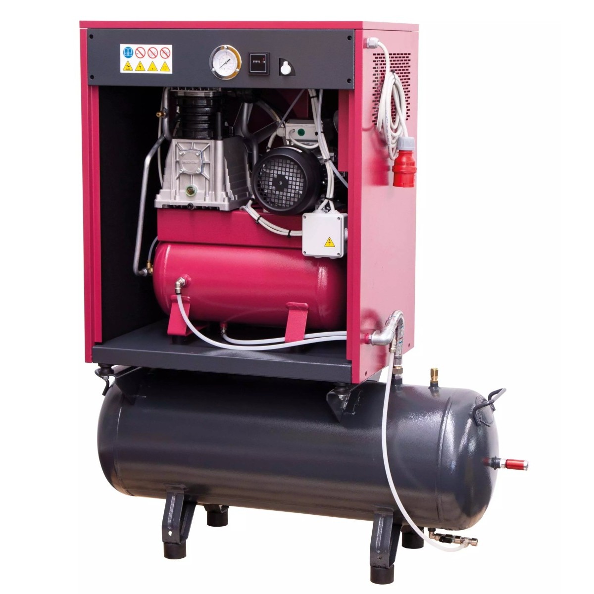 Kompressor in rotem Gehäuse auf schwarzem Druckluftbehälter; Front geöffnet, innen Motor und kleiner Tank, Manometer oben.