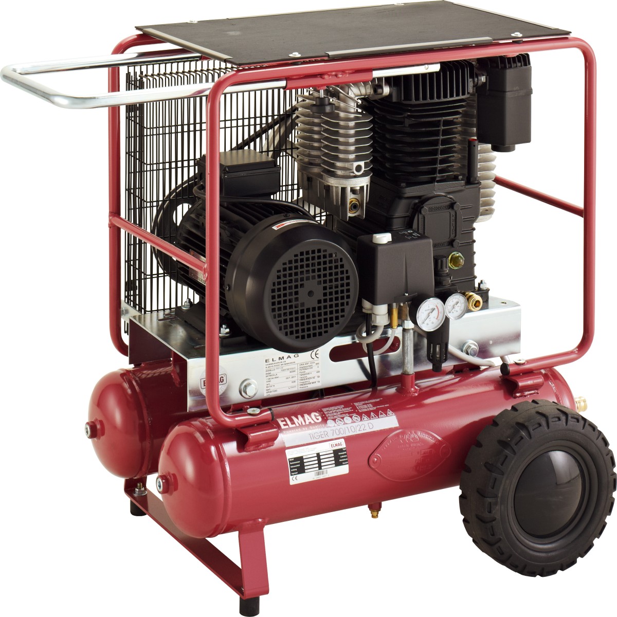 Roter Kompressor im Schutzrahmen mit großem Rad, Elektromotor und Pumpeneinheit; vorne Druckregler mit zwei Manometern, zwei Tanks unten.