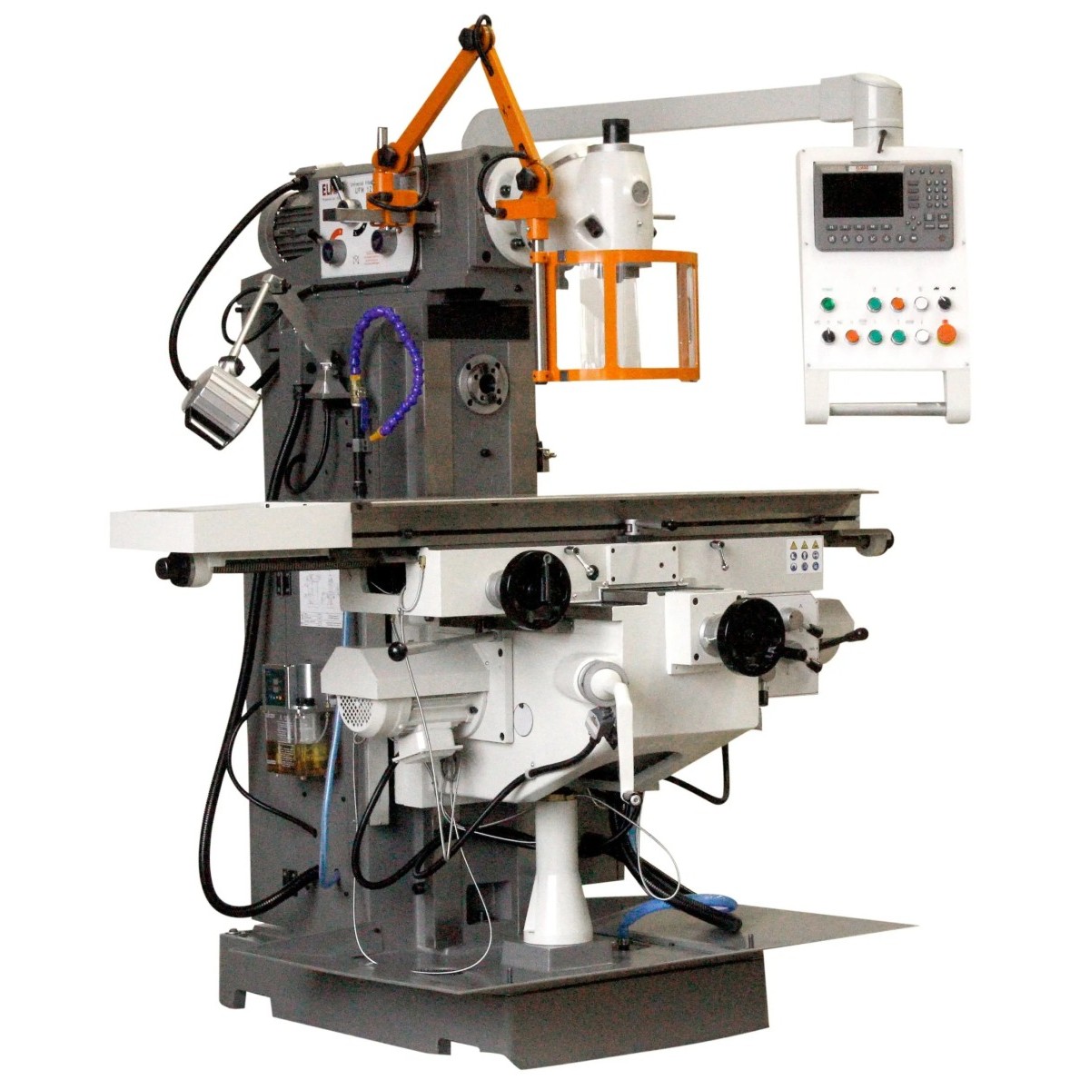 ELMAG-Universalfräsmaschine mit langem Arbeitstisch, Handrädern, Schutzvorrichtung, Arbeitsleuchte und Bedienpult.