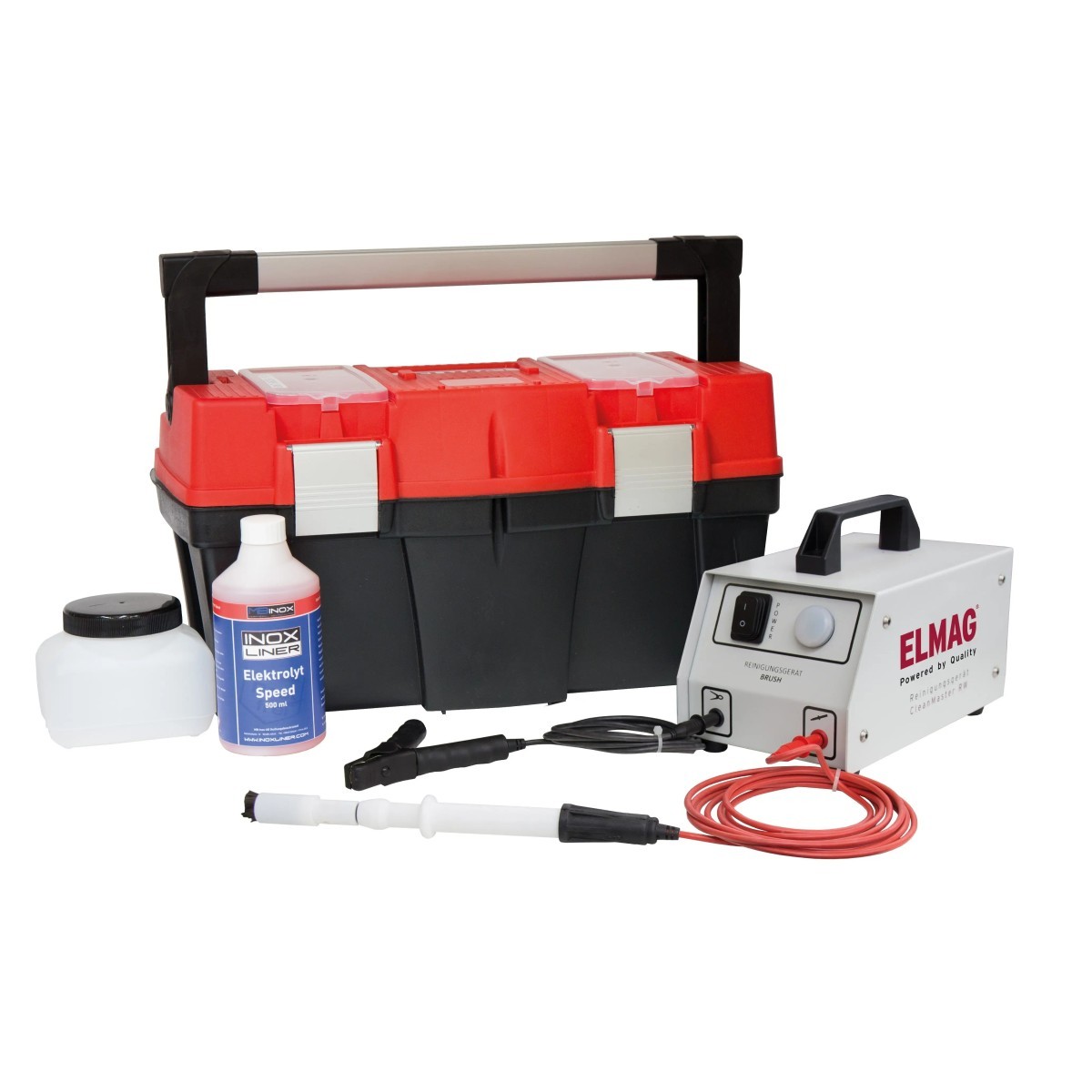 ELMAG-Reinigungsgerät mit Werkzeugkoffer, Elektrolytflasche, Behälter, Reinigungspinsel und angeschlossenen Kabeln.