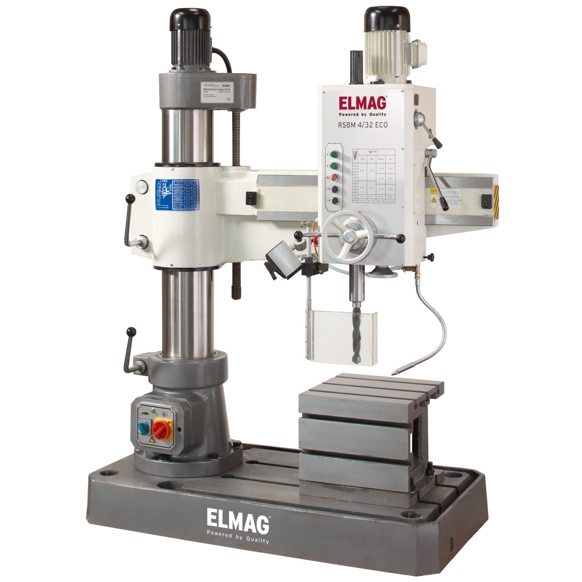 ELMAG-Radialbohrmaschine mit Ausleger, Bohrkopf, großem Bohrer, Schutzabdeckung und höhenverstellbarem Arbeitstisch.