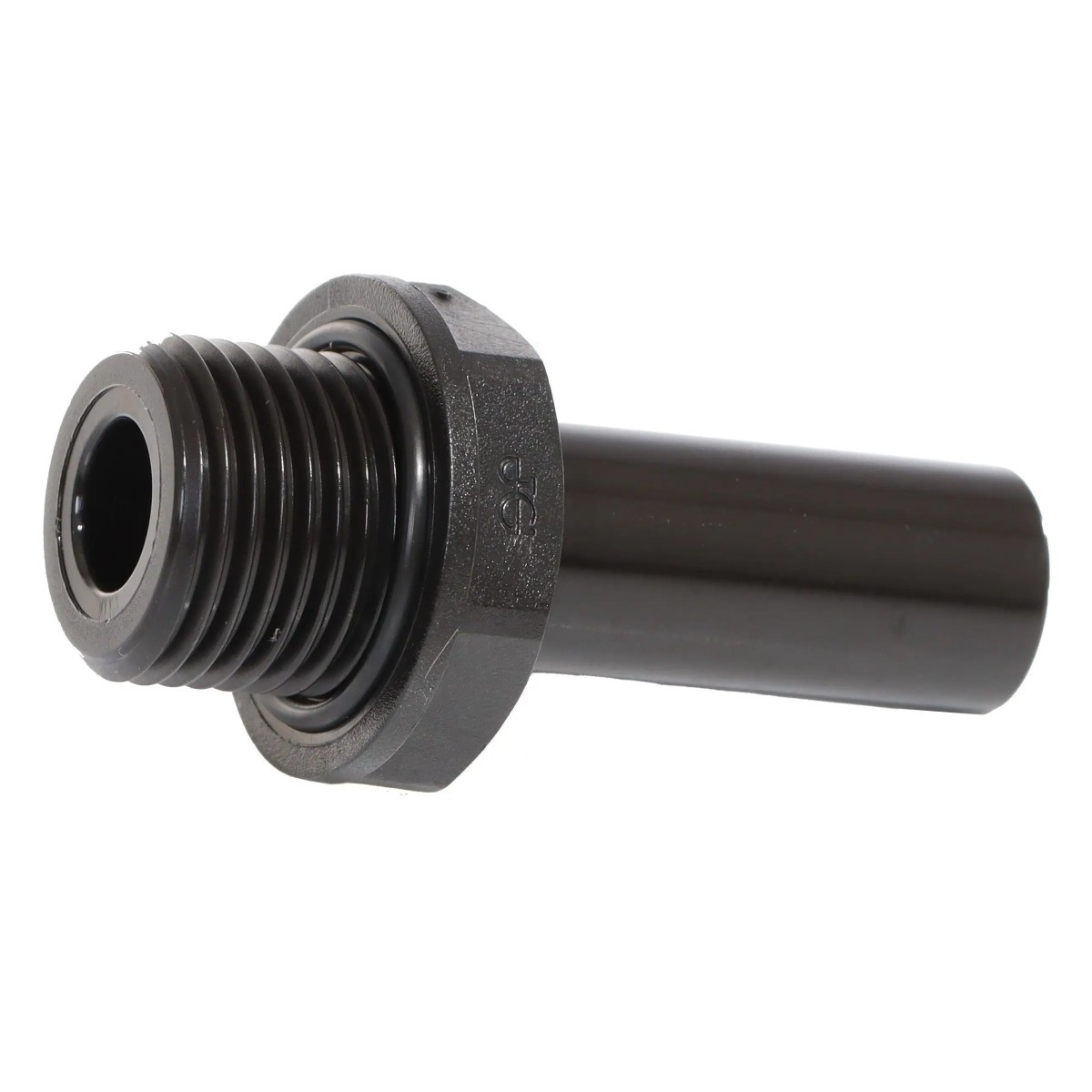 Schwarzer Kunststoff-Adapter mit Außengewinde, Sechskant und glattem zylindrischem Rohranschluss.