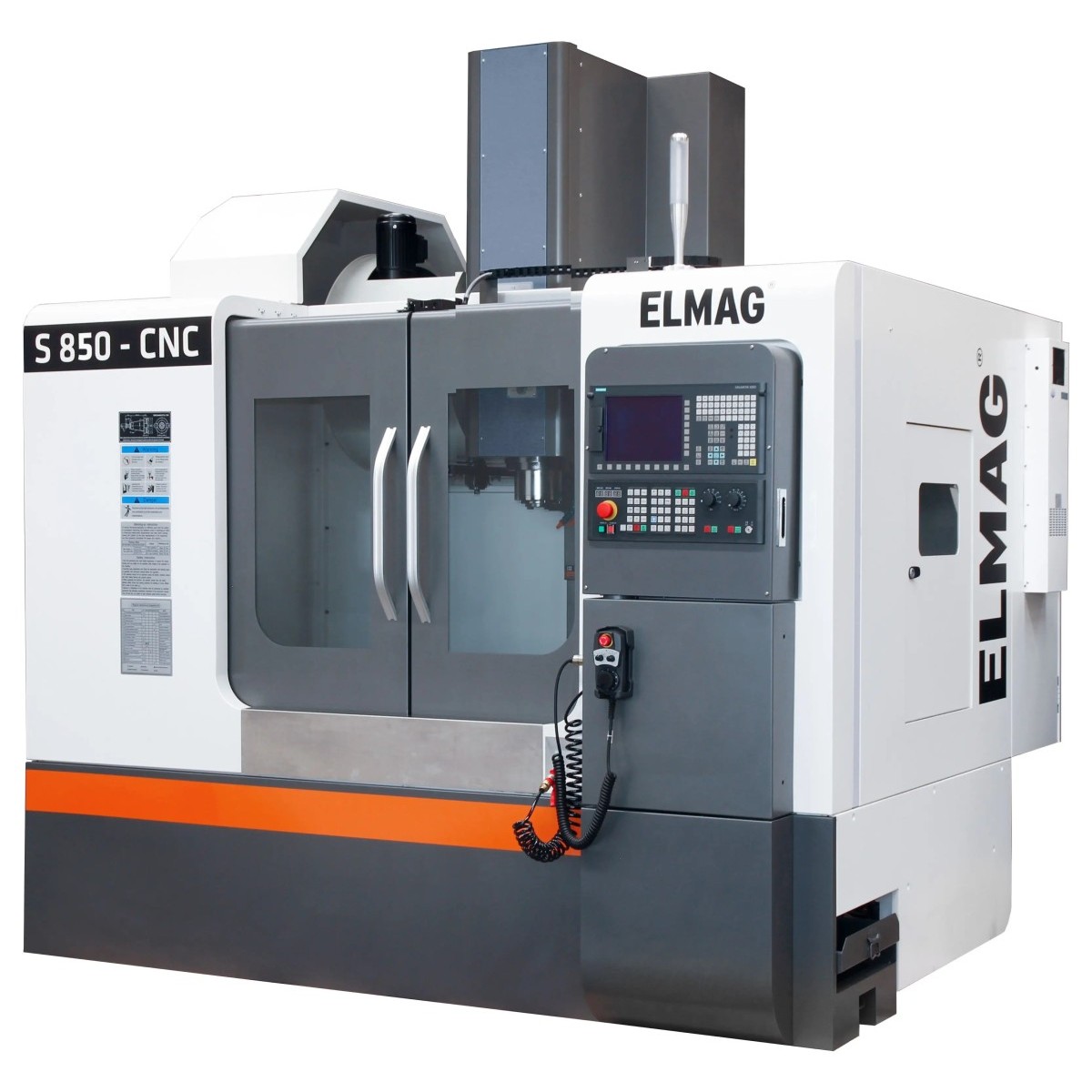 ELMAG CNC-Fräsmaschine S 850 CNC mit geschlossener Kabine, Sichtfenstern, Bedienfeld und Handbediengerät.